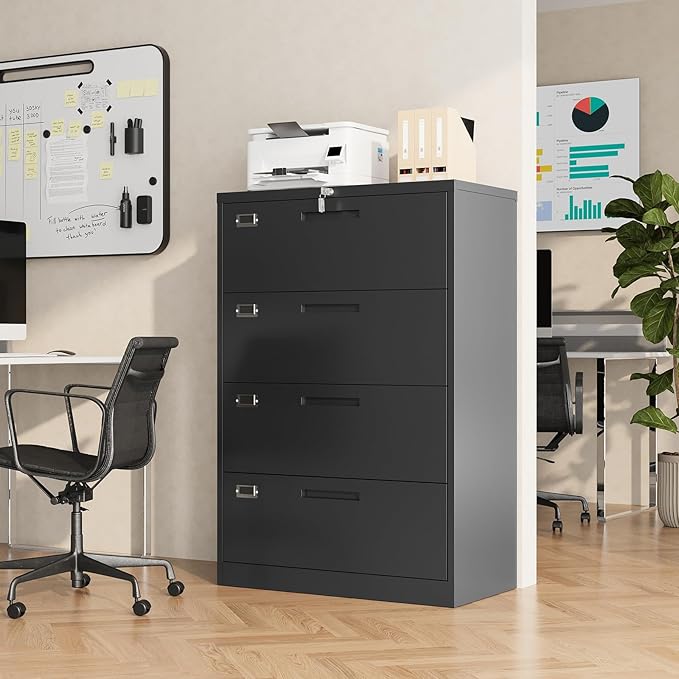 File Cabinet 4 Drawer, Lateral Filing Cabinet with Lock, Metal File Cabinets for Home Office, Office Cabinet for Hanging Files Letter/Legal/F4/A4, Assembly Required, Black