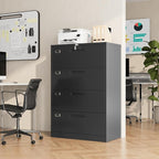 File Cabinet 4 Drawer, Lateral Filing Cabinet with Lock, Metal File Cabinets for Home Office, Office Cabinet for Hanging Files Letter/Legal/F4/A4, Assembly Required, Black