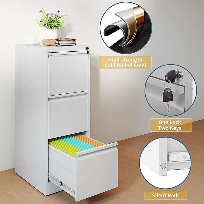 3 Drawer File Cabinet with Lock, Vertical Filing Cabinets for Home Office, Metal Storage Cabinets, Heavy Duty File Cabinet for Letter/Legal/A4/F4 Size Amssebly Required, White