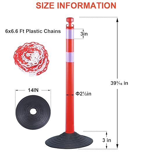 OrangeStar 6 Packs Traffic Delineator Post Cones, 40" Safety Barrier with 6.6 Ft Link Plastic Chains, Crowd Control Stanchion Sets w/Rubber Base for Parking Lot, Road Work, Queue Management, Red
