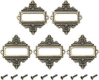 uxcell 5 Pcs Metal Label Holder, 2.2 x 2.4 Inch Small Vintage Card Frame Tag Floral Lace Label Holder with Screws for File Boxes Drawers Door Cabinet Book Shelves, Bronze Green