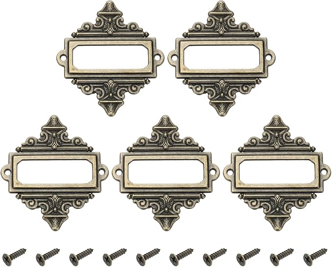 uxcell 5 Pcs Metal Label Holder, 2.2 x 2.4 Inch Small Vintage Card Frame Tag Floral Lace Label Holder with Screws for File Boxes Drawers Door Cabinet Book Shelves, Bronze Green