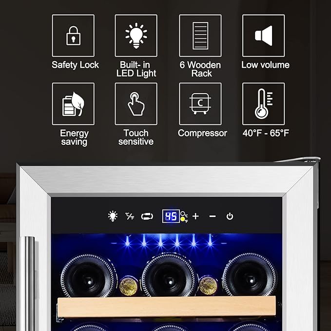 Tylza 15 Inch Wine Cooler Under Counter, 30 Bottles Built-in Wine Fridge with Stainless Steel Tempered Glass Door, Temp Memory Function, Freestanding Fast Cooling Wine refrigerator, Quiet Operation