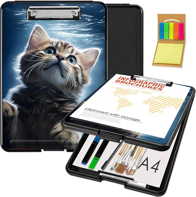 Clipboard with Storage,Office Supplies Nursing Clipboards Folder with Pen Holder Plastic Foldable Clip Board with Storage for Nurse Teacher,Swimming cat