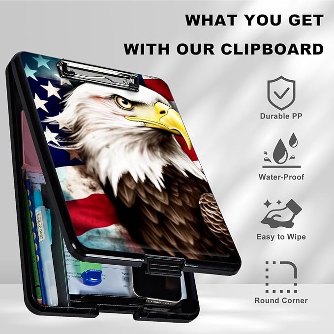 Clipboard with Storage,Plastic Storage Clipboard with Low Profile Clip, Heavy Duty Nursing Clipboards Foldable,Coaches Clipboard Case for Work, Teacher,Office School Supplies,American Flag Owl
