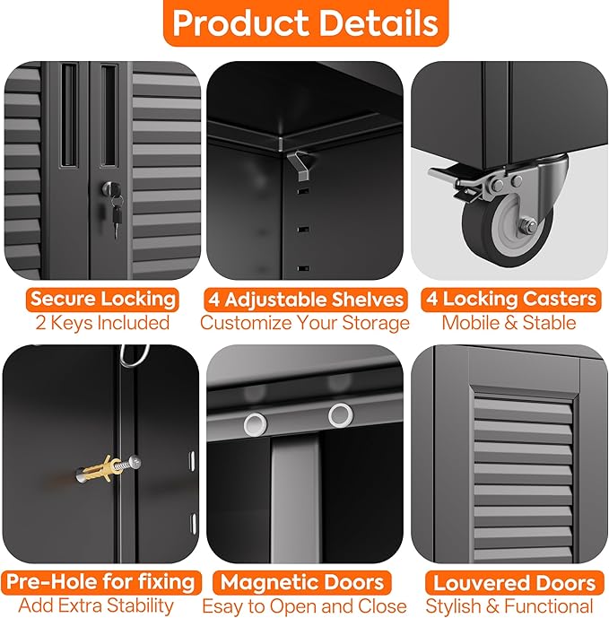 Aobabo Metal Broom Closet Storage Cabinets,Steel Mop and Broom Cabinet with Adjustable Shelves,Lock,Pegboards and Wheels,Assembly Required,Black