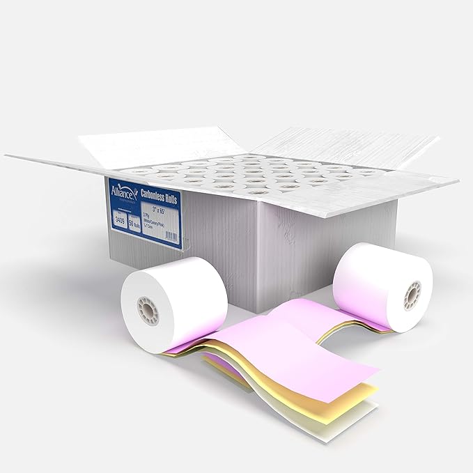 Alliance, Receipt Rolls, Paper, 3" x 65' x 7/16" Core, 3 Ply White/Canary/Pink, 50 Rolls Per Carton