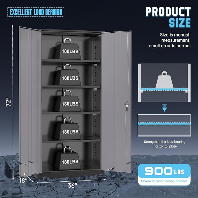 Superday Metal Storage Cabinet with Lock, 72" H Garage Storage Cabinet with Doors and 4 Adjustable Shelves,Black Grey Steel Locking Cabinets for Office, Home, Garage, Gym, School