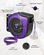 Extension Cord Reel, 75 FT Retractable Extension Cord Reel, 14AWG/3C SJTOW, Lighted Triple, 10A Circuit Breaker, Wall/Ceiling Mounted, Heavy Duty Power Cord, UL Listed, Purple P75CR06