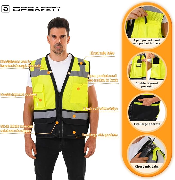 Reflective Safety vest With back plan pocket,High visibility Class 2 Heavy Duty Surveyor Vest with Zipper,Hi Vis Construction Work Vest for Men＆Women ANSI/ISEA(Yellow-Bottom,4XL)