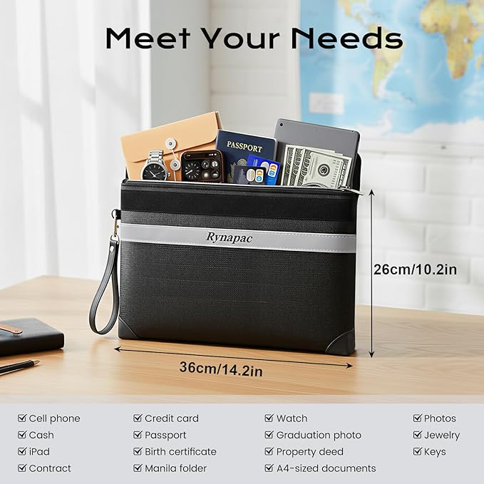 Fireproof Document Bag Upgraded 4200°F, 14.2”x 10.2”Waterproof Fireproof Money Bag for Cash with zipper, Important Document Organizer for Home, Office, and Travel, Legal Documents Safe