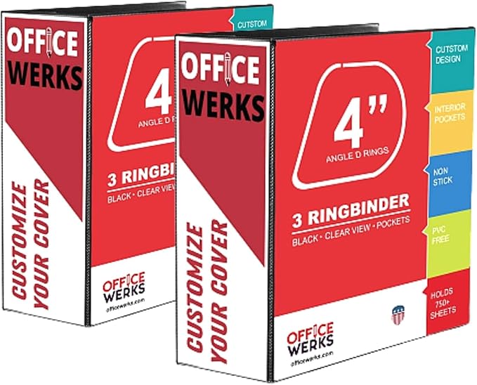 4 Inch 3 Ring Binder, D-Ring Heavy Duty, 800 Sheet Capacity, Customizable View Cover, Presentation Folder with Pockets, Fits 8.5 x 11 Inch, 2 Pack, Black
