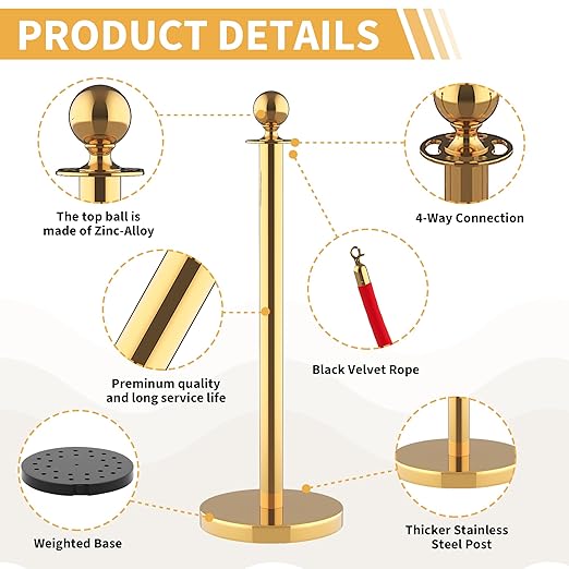 4Pcs Stainless Steel Stanchion Posts with 5ft Red Velvet Ropes - Crowd Control Barriers & Queue Line Kit with 26ft Red Carpet for Wedding, Party, Theater Supplies