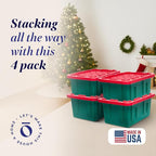 HOMZ 4-Pack Durabilt Tote, Heavy Duty Plastic Storage Bins with Lids, 15 Gallon, Green/Red - Stackable Organizing Containers for Home, Garage, and Office