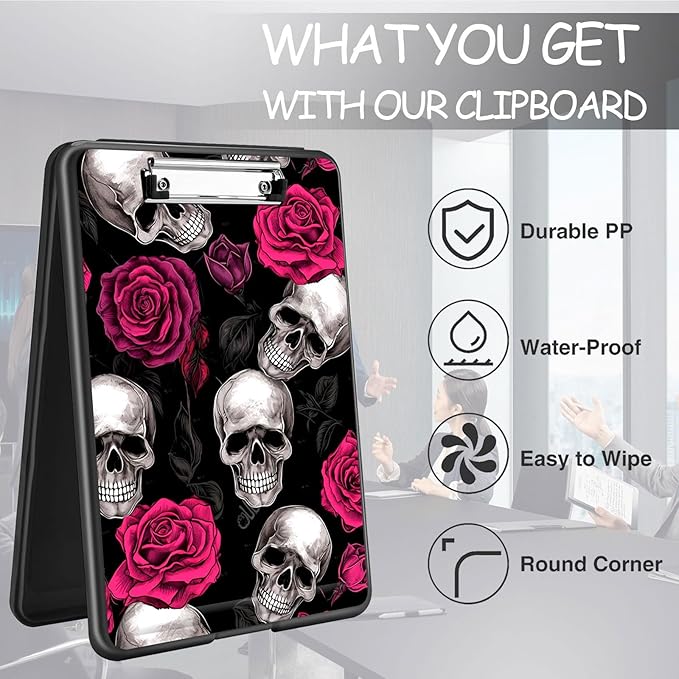 Clipboard with Storage, High Capacity Plastic Storage Clipboard with Low Profile Clip for Women Teachers Work, School & Office Supplies, Cute Pattern Decorative Clipboards, Skull Rose