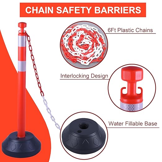 OrangeStar 6 Packs Traffic Delineator Post Cones, 40” Driveway Chain Safety Barriers with Water Fillable Base, 6 x 6.6 Ft Plastic Chains, Crowd Control Stanchion Sets for Outdoor and Indoor, Red