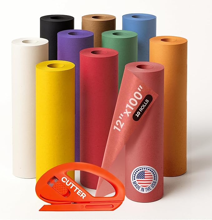 Assorted Colors Kraft Paper with Cutter, Set of 10 Rolls 12" x 1200" (100 ft) - USA-Made Natural Multi-Color Construction Paper for Kids' Crafts, School & DIY Projects, Gift Wrapping by IDL Packaging
