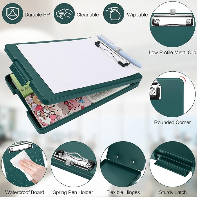 Small Clipboard with Storage, A5 Clipboards with Pen Holder, Half Letter Clip Boards 6x9 Mini Plastic Clipboard with Low Profile Clip for Classroom, School, Office Supplies (Emerald)