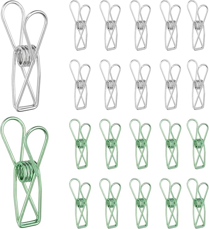 PATIKIL 50Pcs Paper Office Binder Clips, 1.26" Small Metal Wire Hollow Out Paper Clamps Long Tail Binder Clips for Photo Clothes Hanging Office Home Kitchen Food Package, Silver/Green
