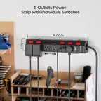 CRST 6 Outlet Metal Power Strip with Individual Switches, Mountable Surge Protector Power Strip for Garage Workshop School Home. 15A Circuit Breaker, 1875W, 1200 Joules, 6FT Extension Cord