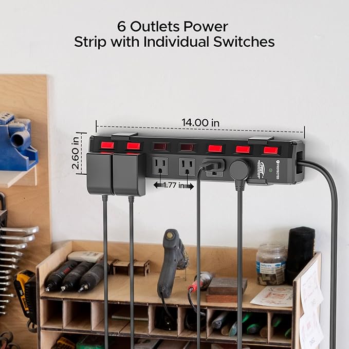 CRST 6 Outlet Metal Power Strip with Individual Switches, Mountable Surge Protector Power Strip for Garage Workshop School Home. 15A Circuit Breaker, 1875W, 1200 Joules, 6FT Extension Cord