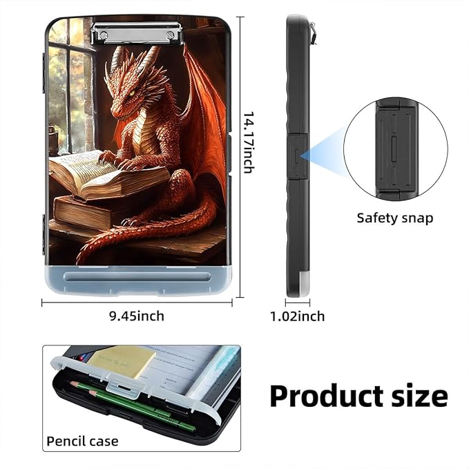Clipboard with Storage Box & Pen Holder,Heavy Duty Clip Boards 8.5x11 for Nursing,High Capacity,School & Office Supplies,Dragon Reading