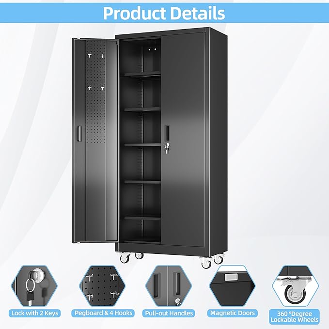 Aobabo Upgrade 71H''*32''W*16''D Metal Garage Storage Cabinet with Wheels and Pegboards, 5 Adjustable Shelves Steel Storage Cabinets for Home,Warehouse,Garage,Assembly Required,Black