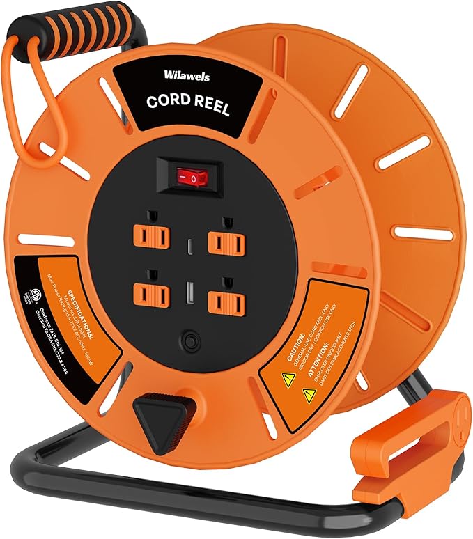 Extension Cord Storage Reel with 4-Grounded Outlet & 2 USB Port, 15A Circuit Breaker, Heavy Duty Open Cord Reel for 12/3,14/3 Gauge Power Cord, Hand Wind Retractable,ETL Listed Orange G85CR06