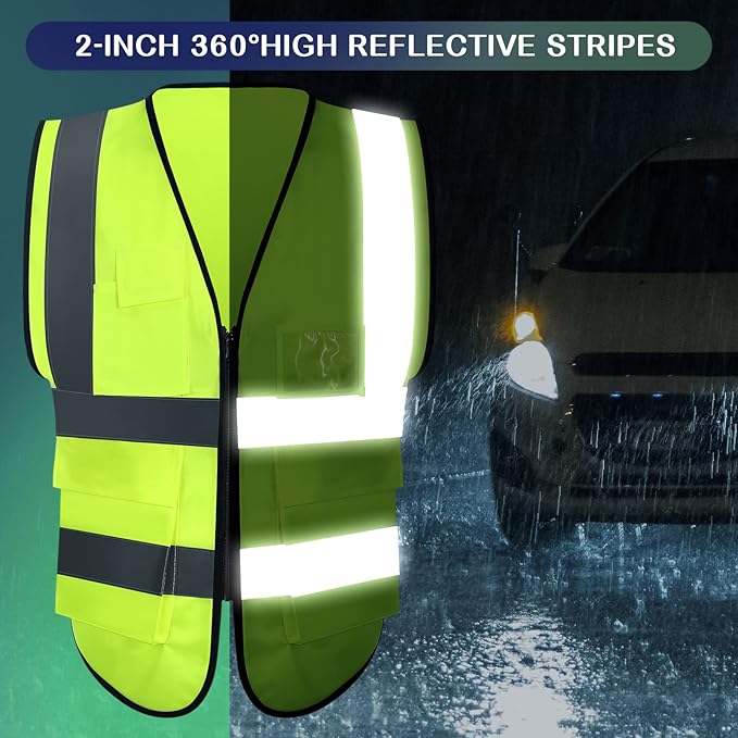 JaGely 15 Pack Reflective Safety Vests with Pockets and Zipper Construction Work High Visibility Vest for Men Women(Medium,Fluorescent Green)