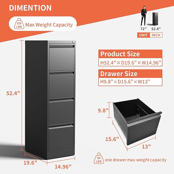 4 Drawer Locking File Cabinet with Wheels,Black Metal Mobile Filing Cabinets,Vertical File Cabinet for Home Office,Rolling Storage Cabinet for A4/Letter/Legal Size File,Assembly Required