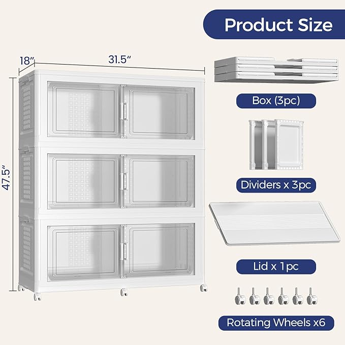150GAL Storage Bins with Lid and Wheels, Stackable Closet Organizers and Storage Drawer, Collapsible Storages Box with Dividers, Foldable Plastic Cabinet for Room, Kitchen, 3 Pack White