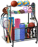 Garage Sports Equipment Organizer, Ball Storage Rack,Garage golf Organizer with Basket and Hooks,Rolling Sports Ball Storage Cart for Toy Gear Storage (45.71 inch)
