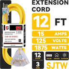 EP 12 Ft 12 Gauge Heavy Duty Extension Cord, 15A 125V 1875W, 3 Outlet Indoor/Outdoor Power Cord with Lighted End, 12/3 SJTW Weatherproof Yellow, UL Listed