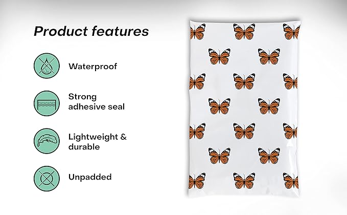 6x9 Poly Mailers – Butterfly Design – Waterproof, Tear-Resistant Shipping Bags with Adhesive Seal – 200 Pack – Package Mint