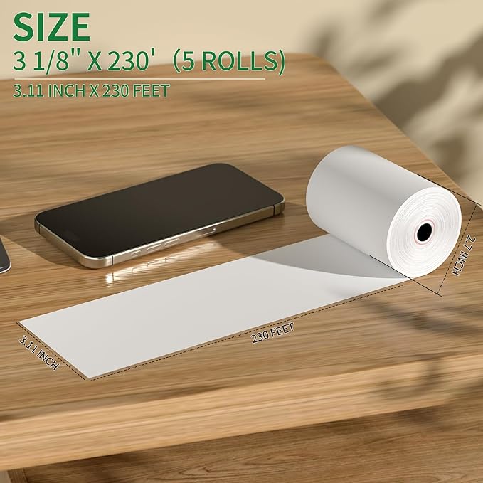 (5 Rolls) 3 1/8" x 230' Thermal Receipt Rolls, Cash Register POS Thermal Paper Rolls, Credit Card Paper Rolls Thermal 3 1/8 in x 230 ft.
