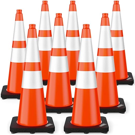 (8 Pack) BATTIFE Traffic Cones 28 Inch with Black Weighted Base, PVC Orange Cone for Traffic Control, Construction Events, Driveway Road Parking Lot