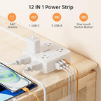 Flat Plug Power Strip with USB C, 6.5FT Flat Extension Cord - 8 AC Outlets and 4 USB(1 USB C), Power Strip with Surge Protector, Wall Mount Charging Station Office Home (White, 15 FT)