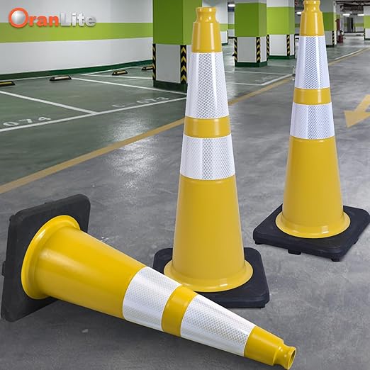 6 Pack 28" Large PVC Traffic Cones with Heavy-Duty Black Base, Garage Parking Lot Cones Structurally Stable Weatherproof Road Construction Safety Cones (6, Yellow, 28" Large)