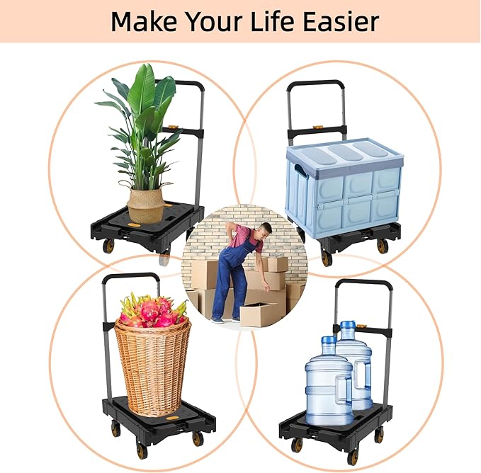 Platform Truck Folding Hand Truck 330 LB Heavy Duty Utility Dolly Flatbed Luggage Push Cart Fully Folded Compact Cart, Portable Trolley with 1 Elastic Ropes, Easy Storage & Lightweight for Moving