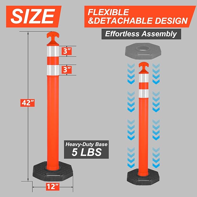42" Traffic Delineator Posts,3 Pack Orange Safety Cones with Reflective Collars and Weighted Base for Road Safety, Parking Lots