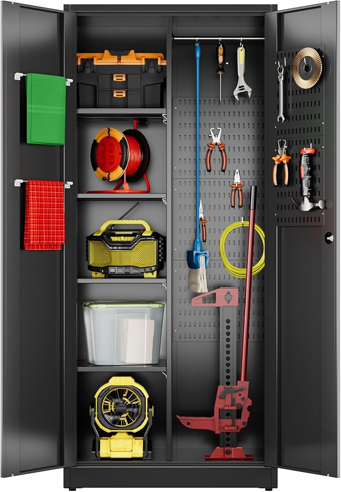 71.37" H Broom Closet Storage Cabinet with Towel Hangles and Adjustable Shelves,Metal Tool Cabinets with Pegboard and Hooks for Garage Laundry Room Home Office,Required Assembly,Black