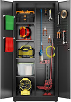 SUXXAN Broom Closet Storage Cabinet 71.4"x 33.9"x16.9", Metal Cleaning Cabinets with Hooks and Hanging Rods, Lockable Cabinet with Pegboard, Adjustable Shelf,for Garage, Laundry Room