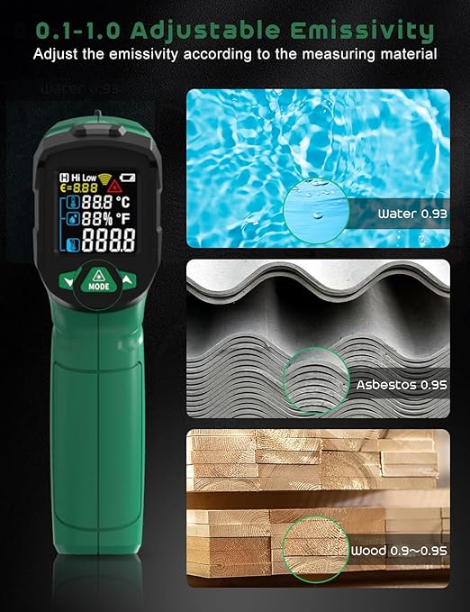Infrared Thermometer Gun,SQECH Laser Thermometer Gun -58℉～1472℉(-50℃～800℃),Temperature Gun with Ambient Temperature/Humidity/Adjustable Emissivity/Color Backlight for Cooking, Oven,Engine,HVAC