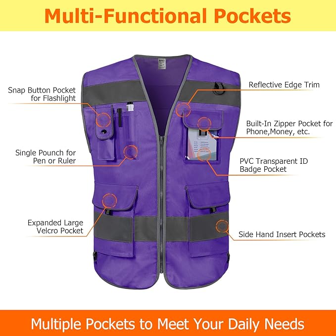 TCCFCCT High Visibility Vest 9 Pockets Hi Vis Reflective Safety Vest for Men Women, Construction Vest with Reinforced Sewing, Durable to Use, Meets ANSI/ISEA Standards, (Purple, 4X-Large)