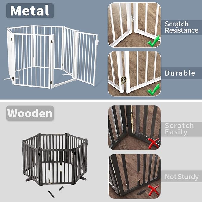 Metal Freestanding Dog Gates with Door for Outdoor Indoor,120'' Extra Wide 36'' Tall Free Standing Dog Gate for Doorways,Large Openings,Deck,Yard,Porch,Foldable Pet Fence(White,6 Panels)