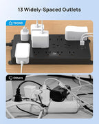 TROND Surge Protector Power Strip, 10ft Heavy Duty Extension Cord with 32W USB C & QC 3.0 Charger, 4000J, ETL Listed, 13 Wide Spaced Outlets, Flat Plug, Wall Mount for Home Office Supplies, Black