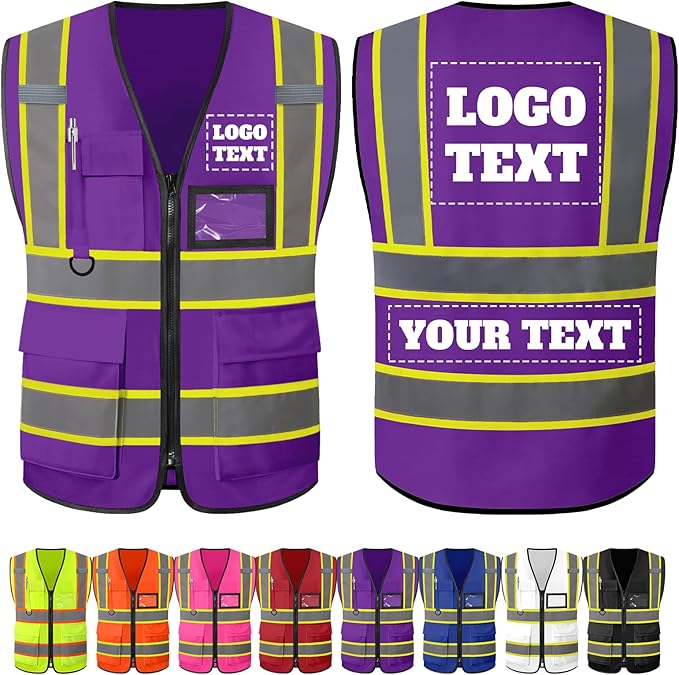 Custom Safety Vest with Logo Personalized High Visibility Vest Reflective for Men with Pockets Zipper Construction Workwear