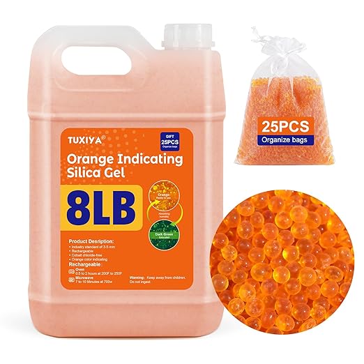 8 LBS Orange Indicating Silica Gel Desiccant Beads,(Industry Standard 3-5 mm) Rechargeable Silica Gel Beads for 3D Filament, Electronic Devices, Camera, Jewelry, Safe(25PCS Organza Bag)