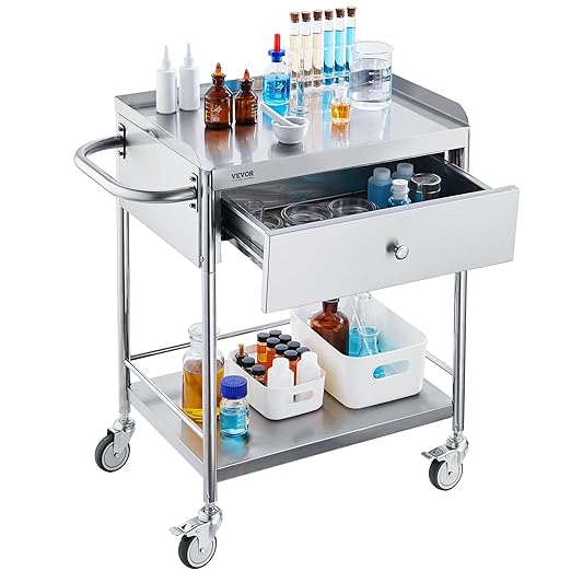 VEVOR Stainless Steel Utility Cart with Wheels - Medical/Dental Lab Cart - 2 Shelves/1 Drawer