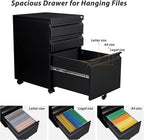 3 Drawer File Cabinet with Wheels, Metal Filing Cabinet with Lock, Office Rolling File Cabinets for A4/Legal/Letter Size, Assembly Required, Black
